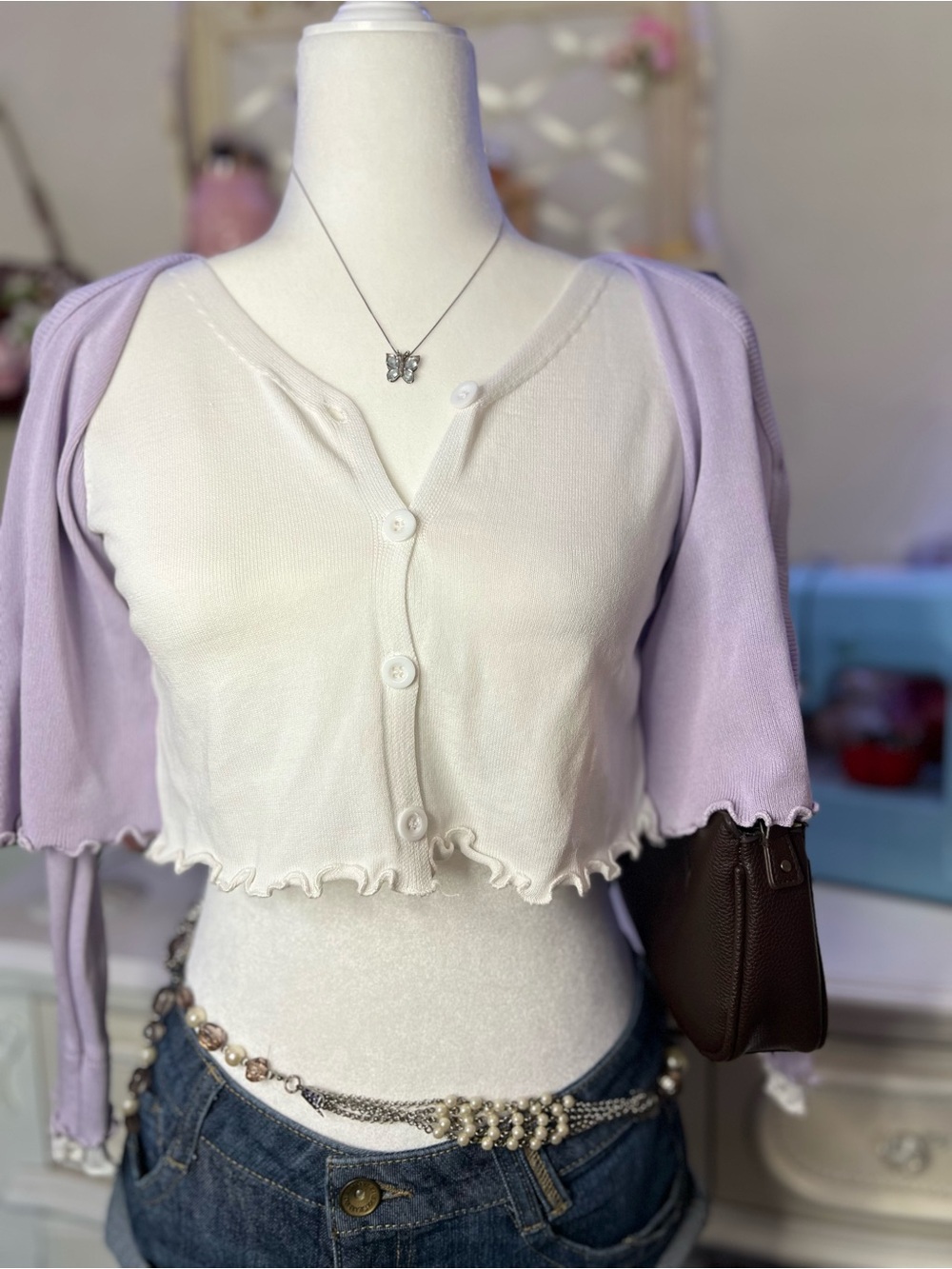 Lilac Ruffle-Trim Cropped Button Cardigan Top - Picture 3 of 5